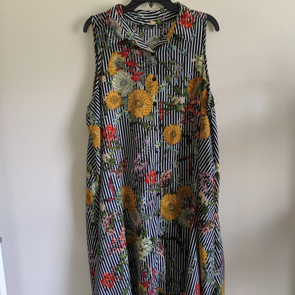 Stripes and Floral Shirt Dress Button Front